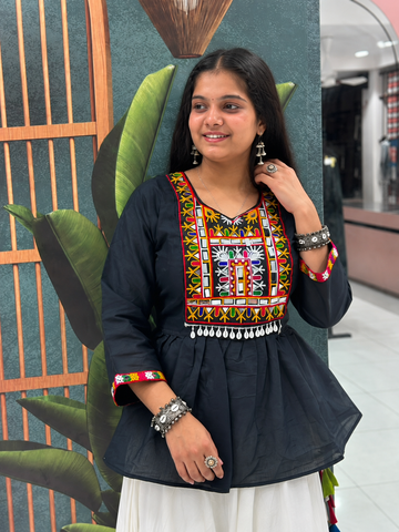 Ethnic Mirror Embroidered Peplum Kurti with Flared Skirt Set