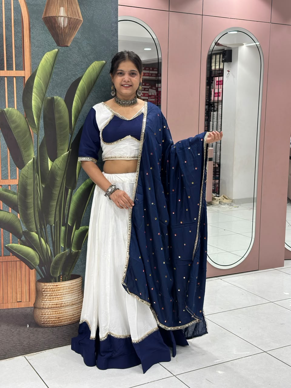 Royal Blue & White Designer Lehenga Choli Set with Embellished Dupatta