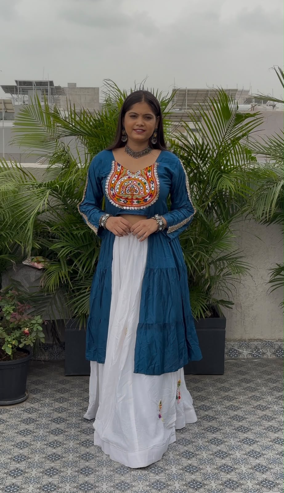 Royal Teal Festive Crop Kurti with White Sharara