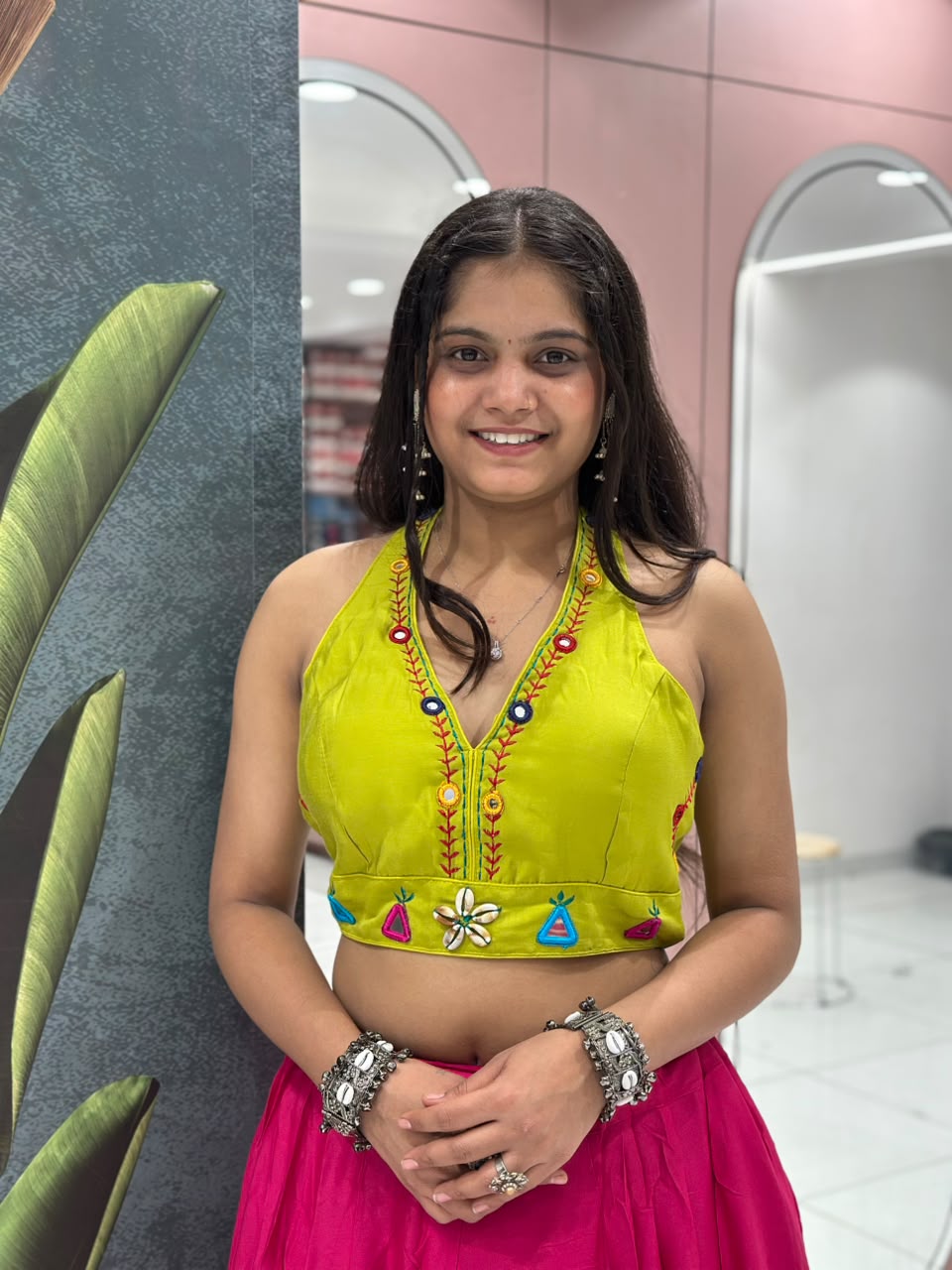 Vibrant Lime Green Embroidered Crop Top & Magenta Lehenga Set