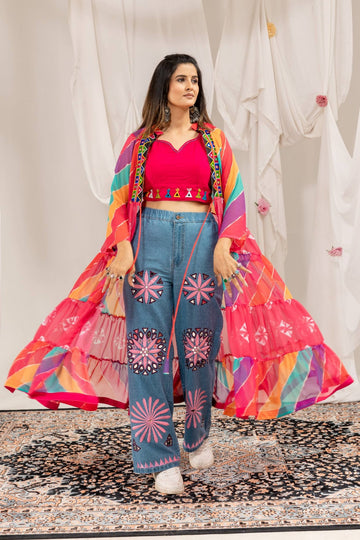 Indo-Western Embroidered Denim & Cape Set
