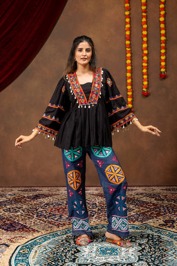 Black Kutchi Embroidered Top & Denim Set