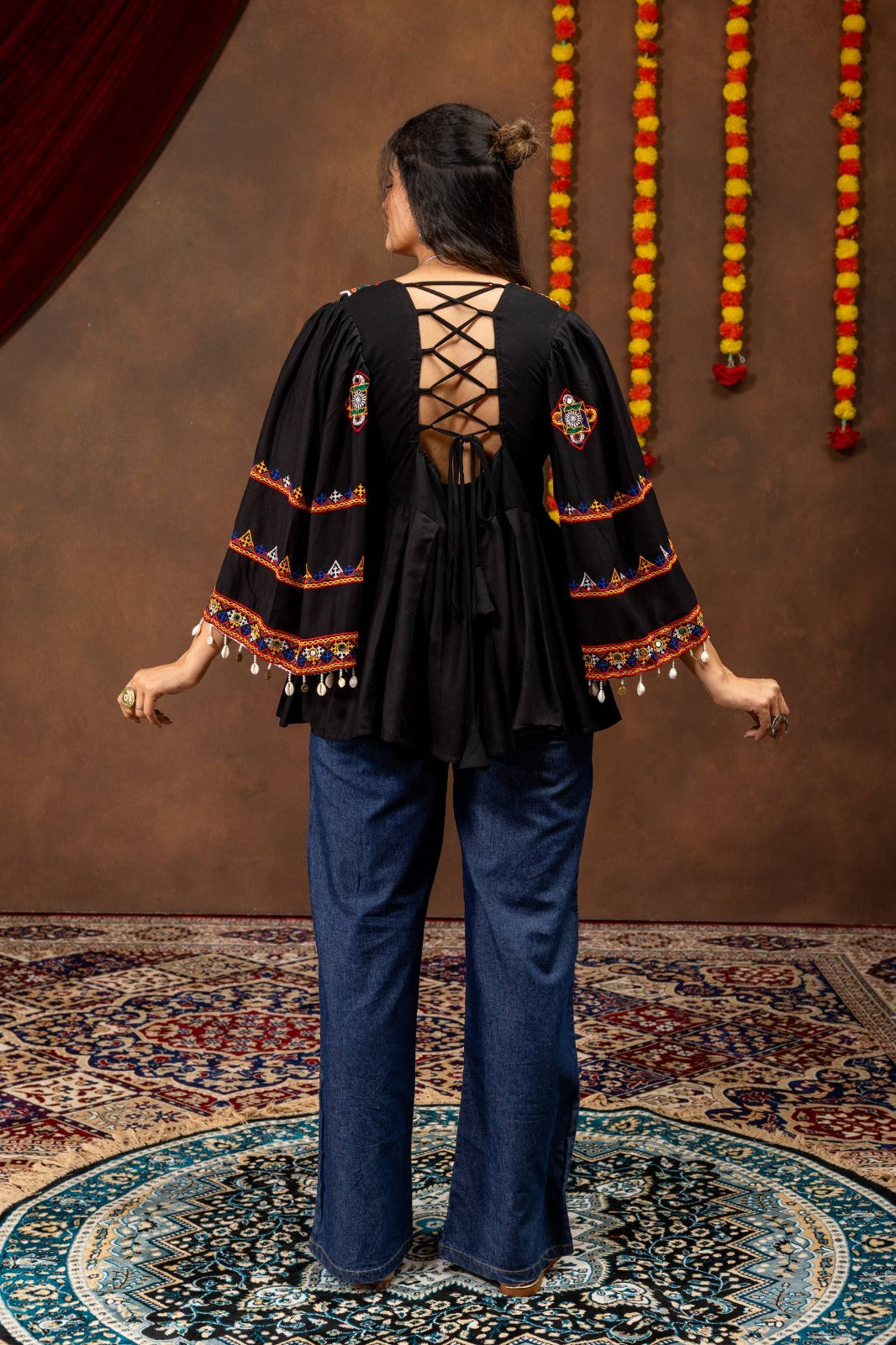 Black Kutchi Embroidered Top & Denim Set