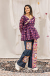 Purple Printed Peplum Kurti with Designer Embroidered Denim Palazzo