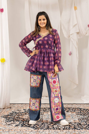 Purple Printed Peplum Kurti with Designer Embroidered Denim Palazzo