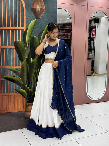 Royal Blue & White Designer Lehenga Choli Set with Embellished Dupatta
