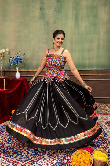Black Multicolor Mirror Work Embroidered Navratri Lehenga Set