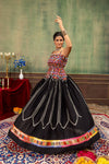 Black Multicolor Mirror Work Embroidered Navratri Lehenga Set