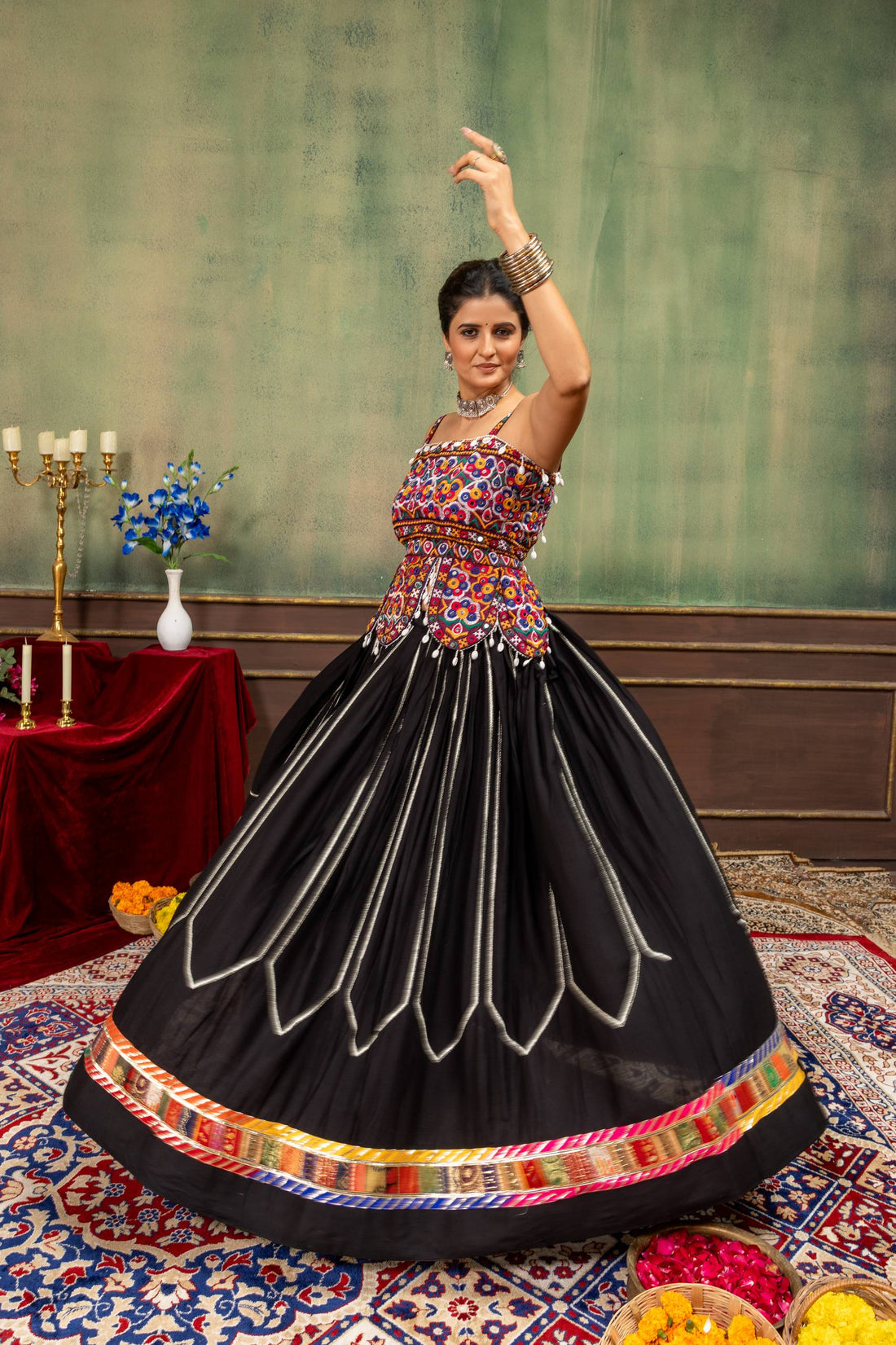 Black Multicolor Mirror Work Embroidered Navratri Lehenga Set